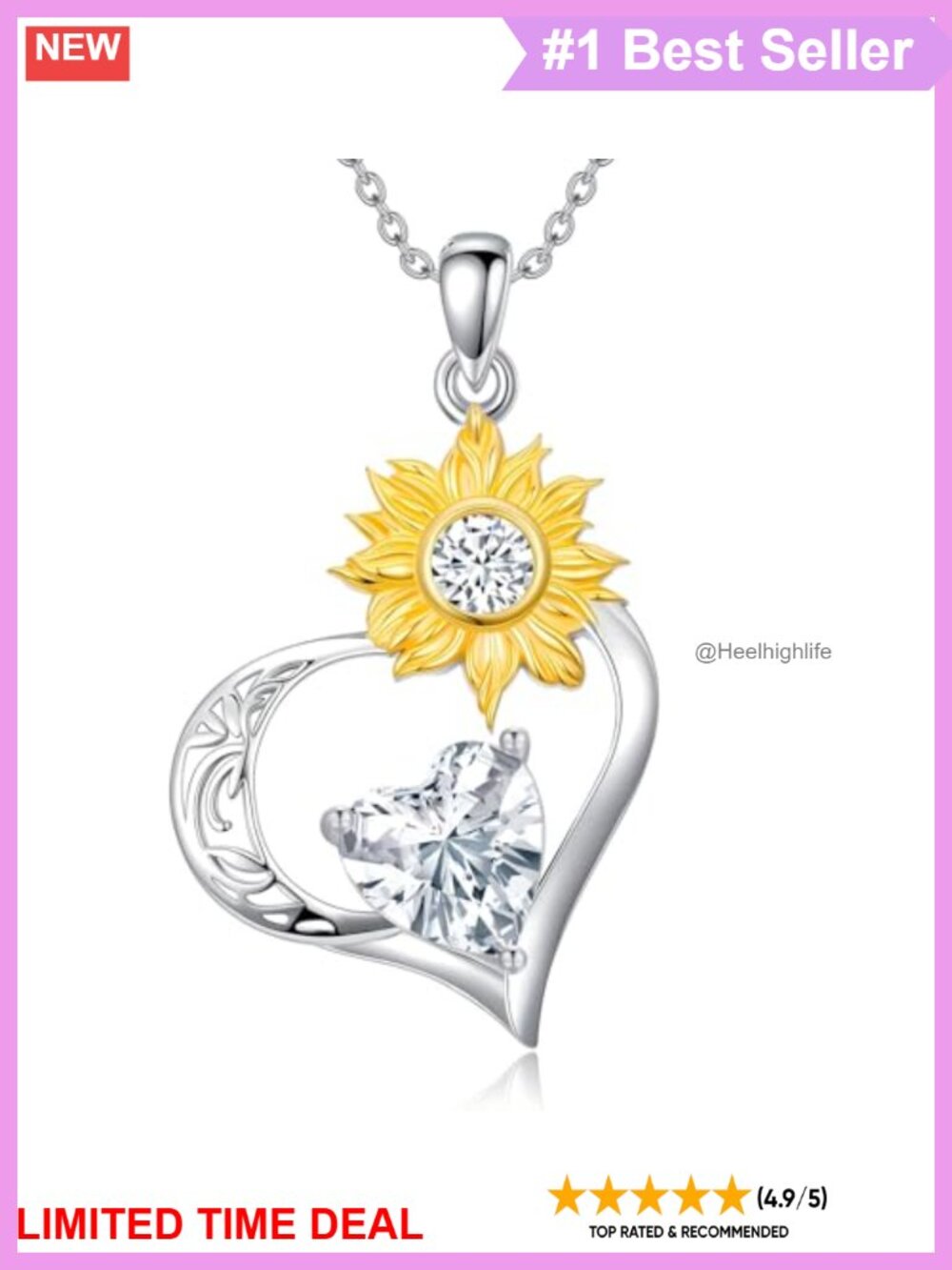 Sterling Silver Sunflower Heart Pendant Necklace 18-20 Inch Adjustable